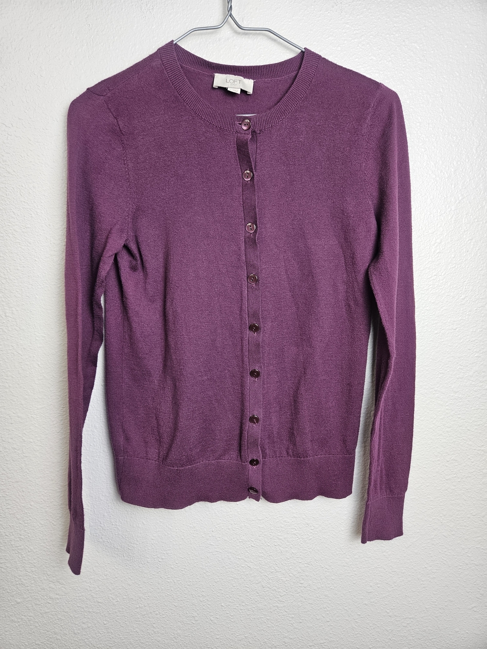LOFT Plum Purple Crewneck Button-Up Cardigan Size S